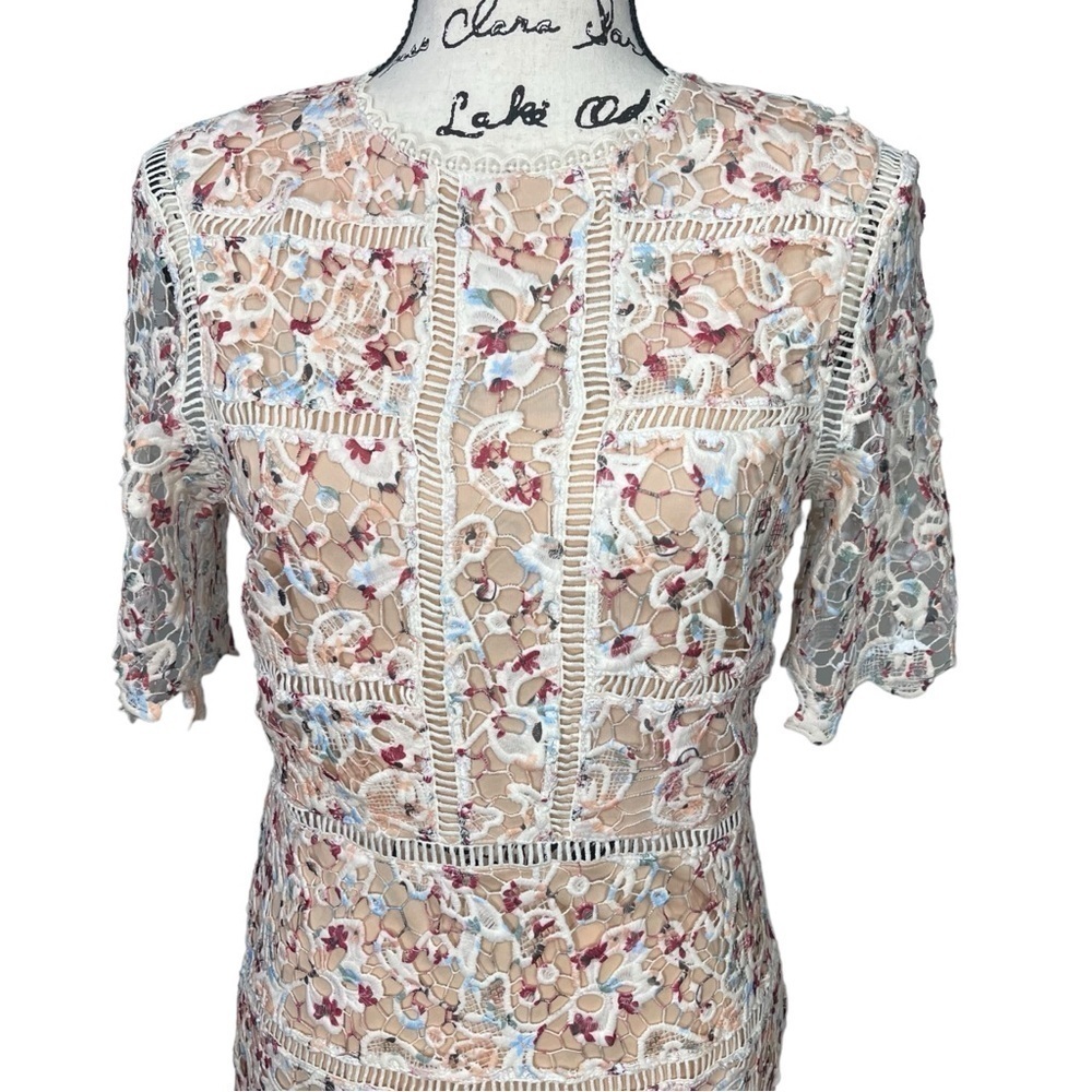 Fab’rik Lace Crochet Overlay Floral Zip Back Mini Dress Size M White Tan Red - Picture 5 of 13